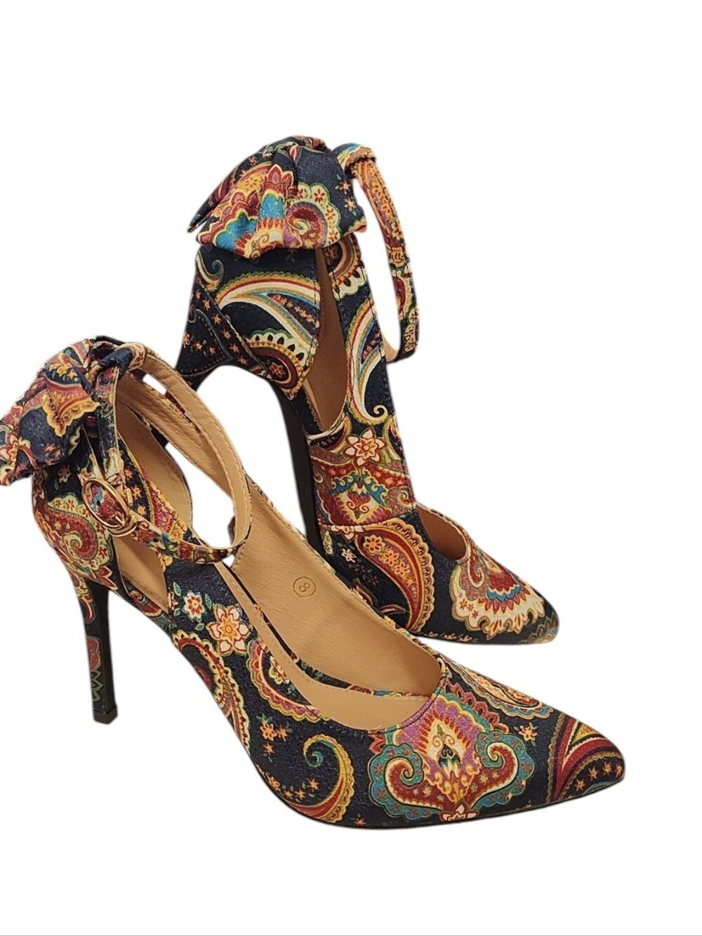 "Paisley Perfect with a Bow" Cut-Out Ankle Strap Heels by GotSoft Size 8